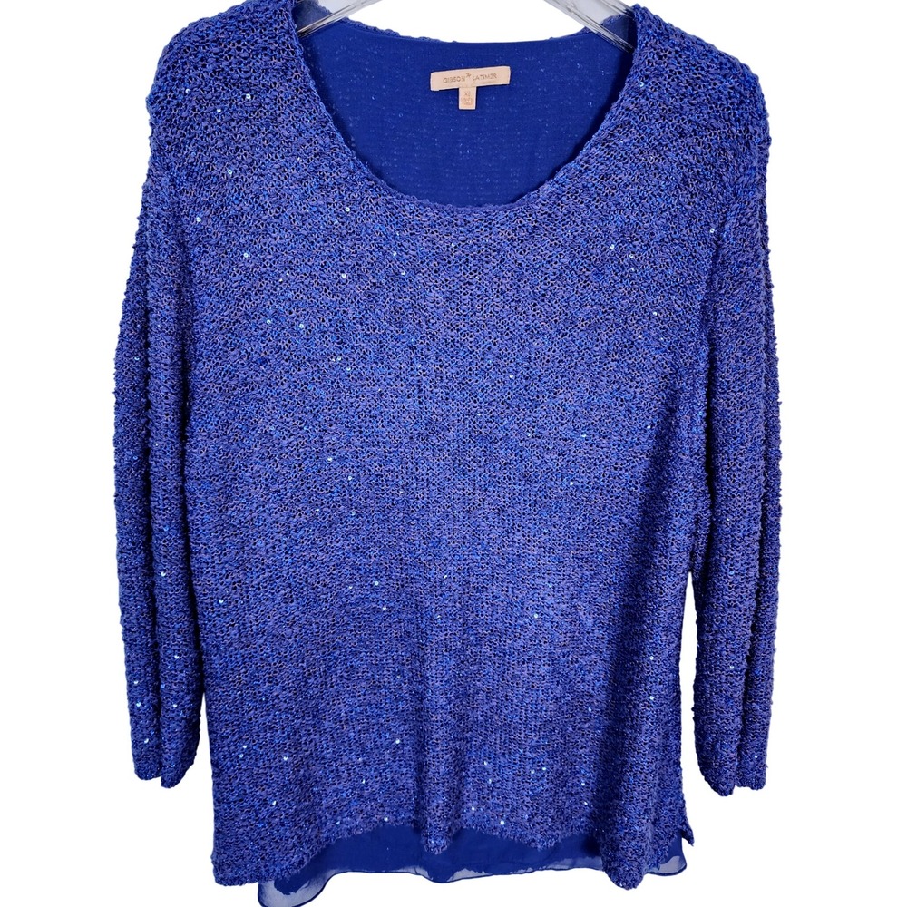Gibson Latimer Womens XL Blue Sparkle Knit Layered Long Sleeve Top Holiday Party